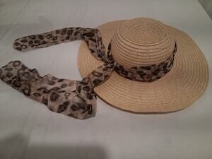 Women's Tan Straw Sun Hat Leopard Scarf Tie Wide Brim Style CS-7-8 Size 57cm